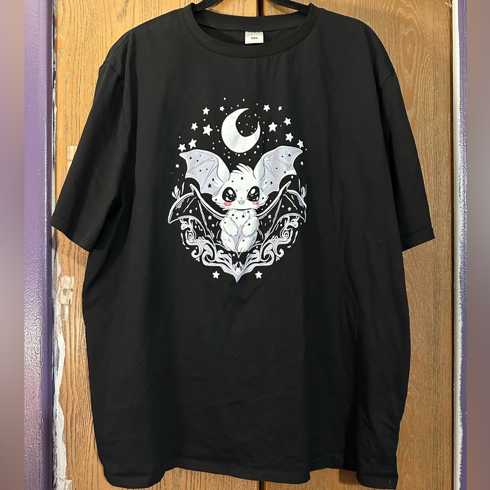 Black T-Shirt with Bat and Moon Design
